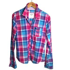 Vintage ABERCROMBIE FITCH Plaid Moose Button Down Shirt Pink Blue Preppy L Y2K